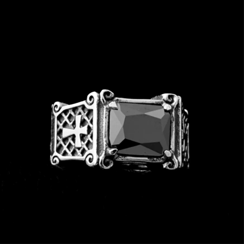 Männlicher Ring aus Edelstahl und schwarzem Stein mit Royalist Templar Cross