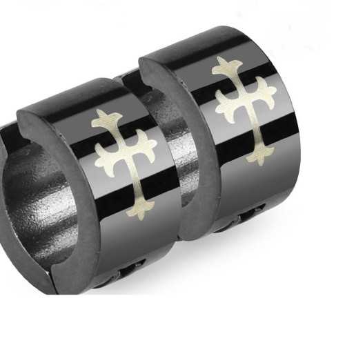 PAIO DI ORECCHINI DA UOMO IN ACCIAIO NERO CROCE FLEUR DE LYS GOTICO FALSO PIERCING