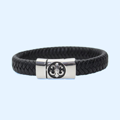 Black Tressé Leather Men's Bracelet and Lys Flower Clasp in Stainless Steel
