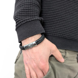 Bracelet Homme Cuir Tressé Noir et Fermoir Fleur de Lys en Acier Inoxydable