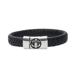 Bracelet Homme Cuir Tressé Noir et Fermoir Fleur de Lys en Acier Inoxydable