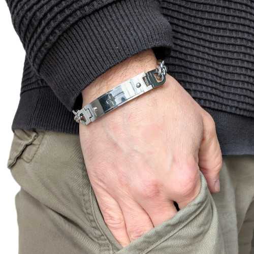 Bracciale gourmet in maglia cubana per uomo in acciaio con piastra croce latina personalizzabile