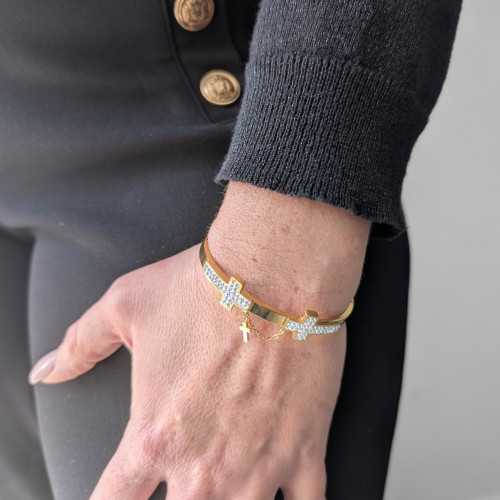 Jonc Armband mit Frauen Kreuz in Edelstahl Gold und Zirkon weiße Kristalle