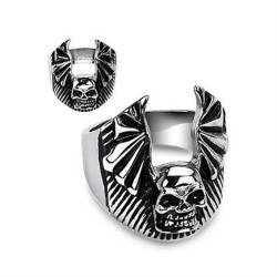 BAGUE CHEVALIERE POUR HOMME EN ACIER CRANE TETE DE MORT AILE BIKER GOTHIQUE NEUVE 10643