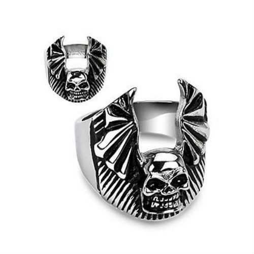 BAGUE CHEVALIERE POUR HOMME EN ACIER CRANE TETE DE MORT AILE BIKER GOTHIQUE NEUVE 10643