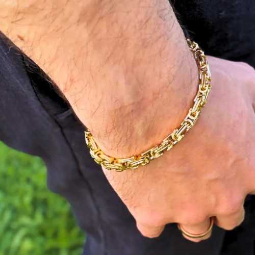 Bracciale da uomo in maglia bizantina in acciaio placcato oro fino