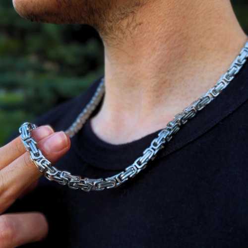 Parure Chaine et Bracelet Maille Byzantine Argent Pour homme en Acier Inox maille Largeur 8mm