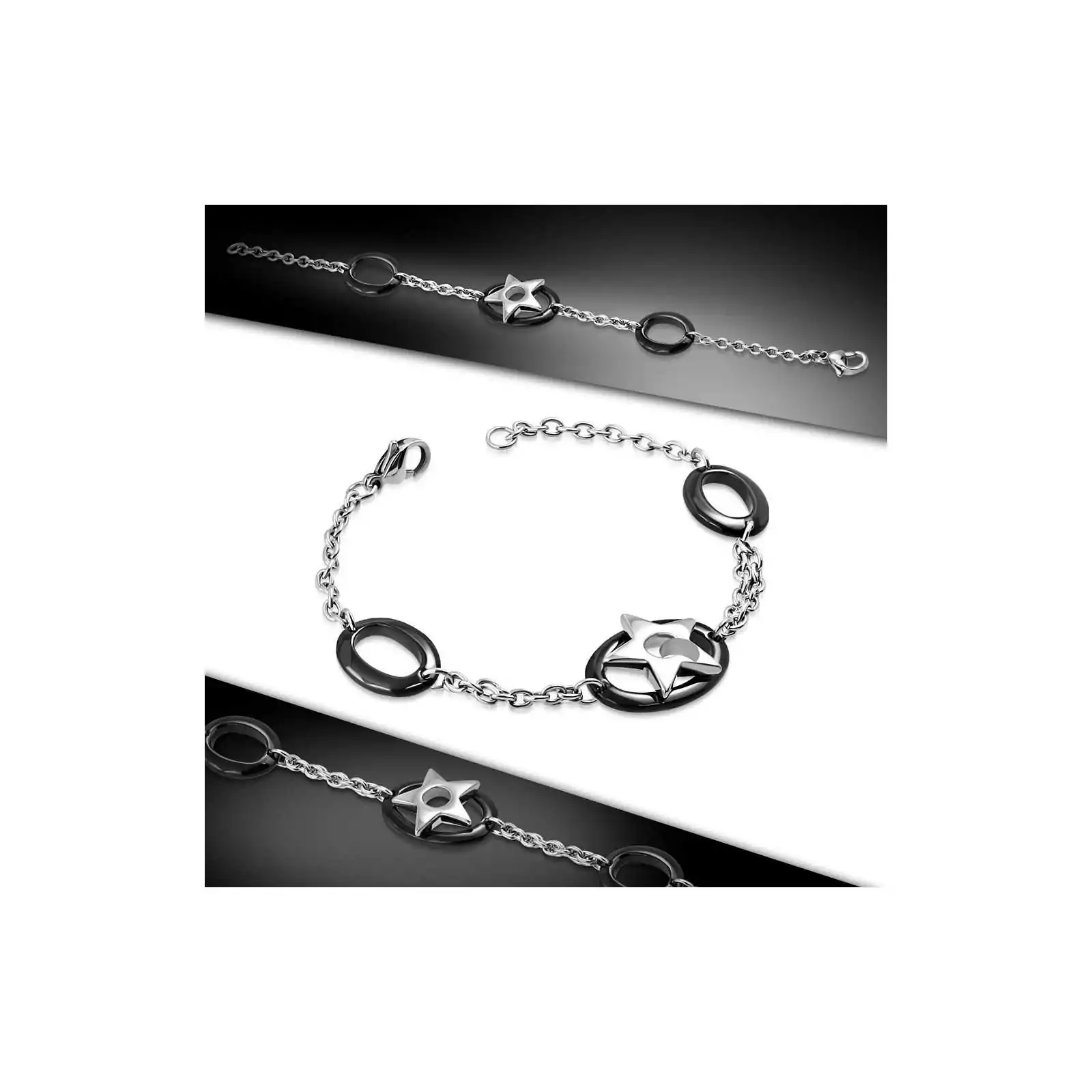 Bracelet femme acier inoxydable étoile et céramique noir maille ovale