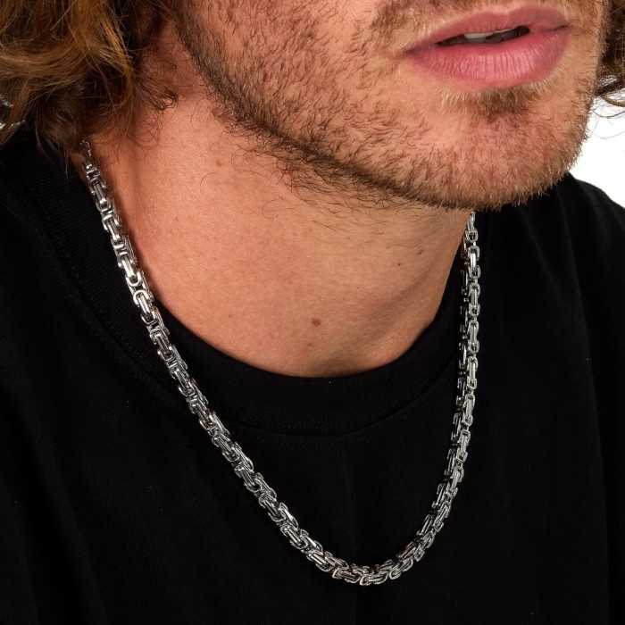 Chaîne Byzantine Homme En Acier - Collier Plat 8mm Argent/Noir/Or 60cm - Style Robust