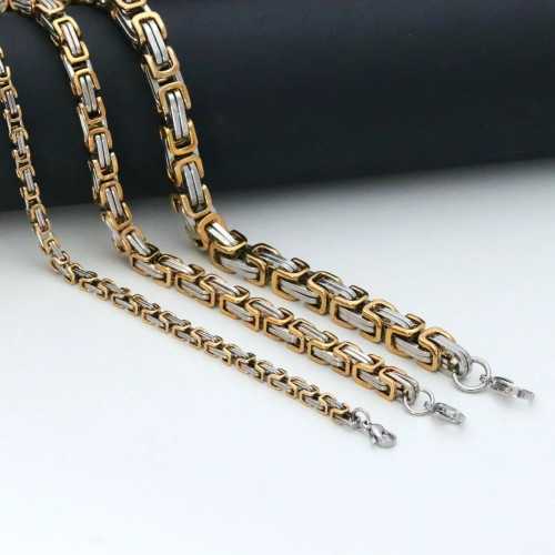 Parure Chaine et Bracelet Homme Maille Byzantine en Acier Inoxydable Bicolore Bling-Bling - Largeur au Choix