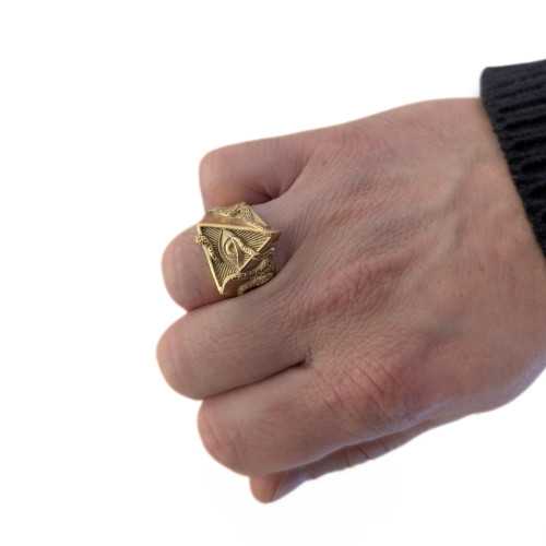Anello da uomo Triangolo Horus Provvidenza Occhio con Tentacoli Pieuvre - Freemason Shed Illuminati Oro Acciaio
