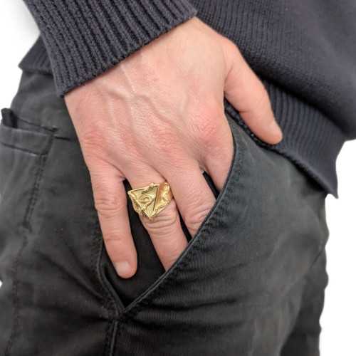 Triángulo masculino Oeil de Providence D'Horus anillo con Tentacles de Pieuvre - Chevalière Franc-maçon Illuminati Steel Gold