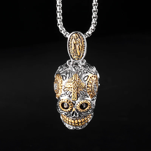 Ciondolo da uomo Sugar Skull Mexican Death Head Biker Virgin Mary in acciaio e catena collana inclusa