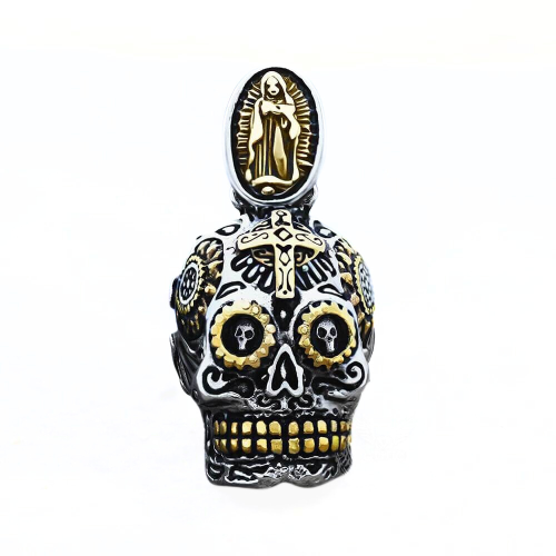 Men's Pendant Sugar Skull Mexican Death Head Biker Virgin Mary in Steel and Chain Included