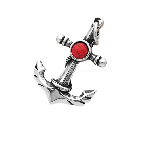 Marine Stainless Steel Pendant Necklace With Jasper Red Stone - Men's Chain Included