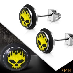 Paire de boucle d'oreilles homme acier tête de mort enflammée biker