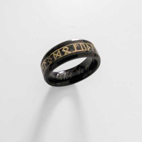 Herrenring Schwarzer Stahl Runenalphabet Wikinger Nordisches Futhark Mythologisches Personalisiert