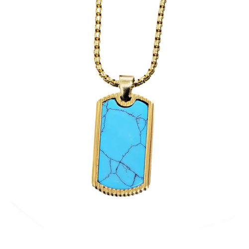 Collier Pendentif Homme Plaque Militaire Pierre Turquoise en Marbre en Acier Doré à l'Or Fin et Chaine Incluse