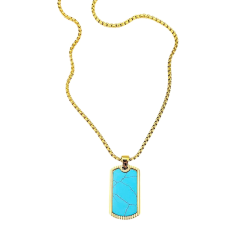Pendentif Homme Plaque Militaire Pierre Turquoise en Marbre en Acier Doré à l'Or Fin et Chaine Incluse