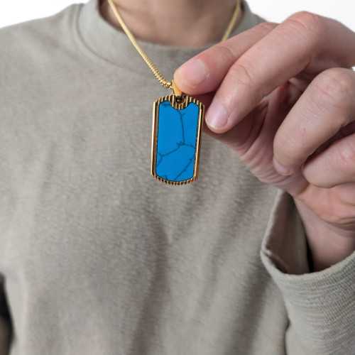 Chaine et Plaque Militaire Pierre Turquoise en Marbre en Acier Doré à l'Or Fin