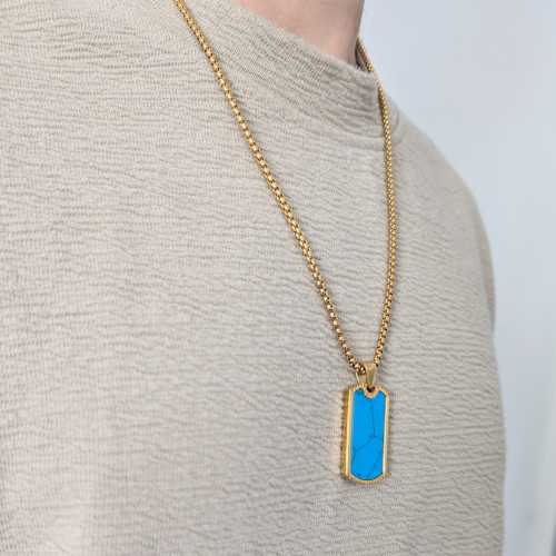 Stone Turquoise Military Necklace and Plate in Gold Gold Steel Marble with Gold and Chain Included