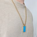 Collier et Plaque Militaire Pierre Turquoise en Marbre en Acier Doré à l'Or Fin et Chaine Incluse
