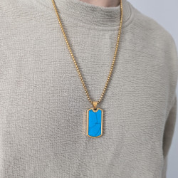 Men's Military Dog Tag Pendant with Turquoise Stone and Marble in Gold-Plated Steel with Chain Included