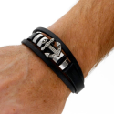 Pulsera de Hombres Multi-row en cuero negro con cierre de anclaje marino de acero inoxidable 22cm