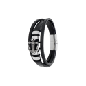 Bracelet Homme Multi rangs en Cuir Noir Avec une Ancre Marine Fermoir Acier Inoxydable 22cm