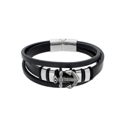 Multi-row Men's Bracelet in Black Leather With Navy Anchore Clasp Stainless Steel 22cm