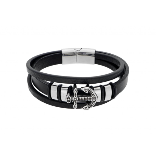 Multi-row Men's Bracelet in Black Leather With Navy Anchore Clasp Stainless Steel 22cm