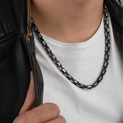 Chaine et Bracelet Homme Maille Byzantine en Acier Noir Bicolore Bling-Bling - Diamètre au Choix