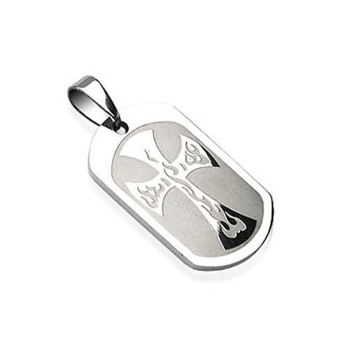 PENDENTIF POUR HOMME ACIER MASSIF AVEC GRAVURE CROIX FLAMME BIKER + 1 CHAINE NEUF
