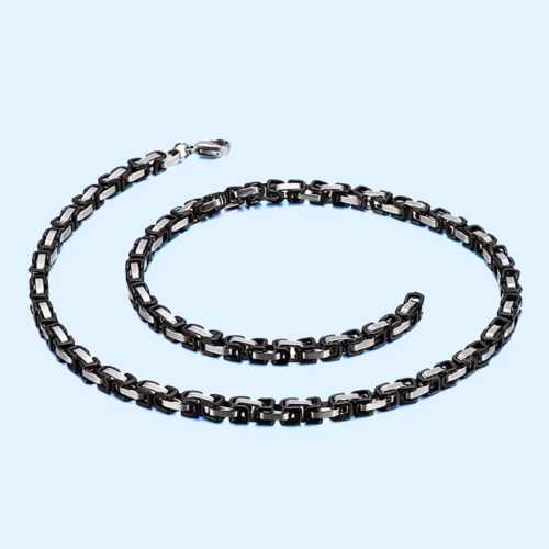 Chaine pour Homme Acier Bicolore Argent et Noire en Maille Byzantine Bling 5mm 60cm
