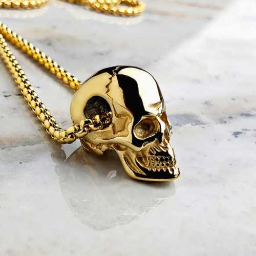 Collier à Pendentif Homme en Forme de Crâne avec Tête de Mort en Acier Or - Chaine Incluse