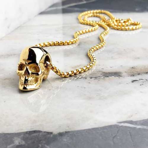 Men's Pendant Necklace Skull Shape Gold Steel Death Head - Chain Included