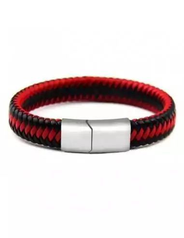 Bracelet homme cuir noir et rouge bordeaux et fermoir acier
