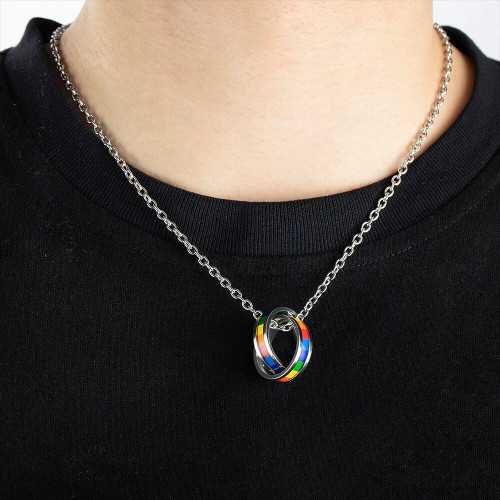 Collar colgante de anillo doble LGBT Pride Rainbow para Mujer Hombre Acero - Union Gay Pacs Boda