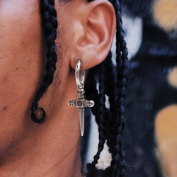 Boucles d'Oreilles Homme Avec Pendentif Épée Têtes de Mort - Créoles Têtes de Mort Acier Inoxydable