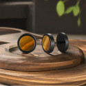 Faux Écarteurs Boucles d'oreilles Homme Largeur 10mm Puce en Acier Inoxydable Noire Avec Oeil de Tigre