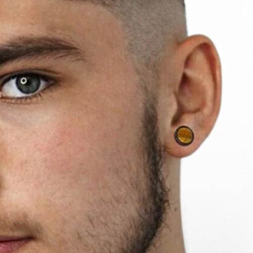 Faux Écarteurs Boucles d'oreilles pour Homme Largeur 10mm - Puce en Acier Inoxydable Noire Avec Oeil de Tigre