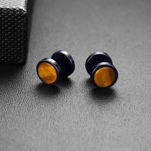 Boucles d'oreilles Homme Largeur 10mm - Puce en Acier Inoxydable Noire Avec Oeil de Tigre
