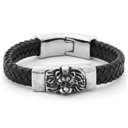 Pulsera de hombre de cuero trenzado negro y placa de acero con cabeza de león