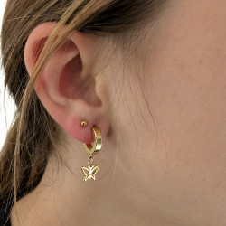 Boucles d'oreilles femme acier doré à l'or fin créoles pendentif papillon