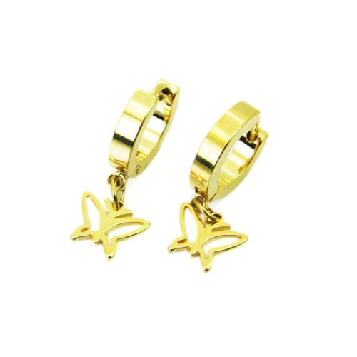 Frauen Ohrringe Gold-Gold-Stahl mit feinen Kreolen Schmetterling Anhänger