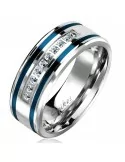 Bague anneau de fiançailles promesse homme acier lignes bleues zircons