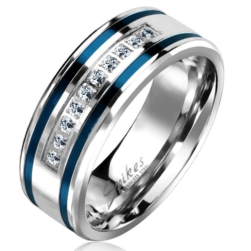 Bague anneau de fiançailles promesse homme acier lignes bleues zircons