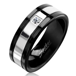 Bague anneau de fiançailles homme acier noir et bande sertie argent