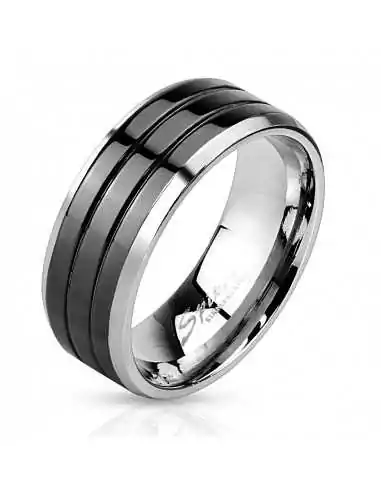 Anello anello per uomo fascia in acciaio inox scanalature nere