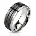Bague anneau pour homme acier inoxydable bande rainures noires